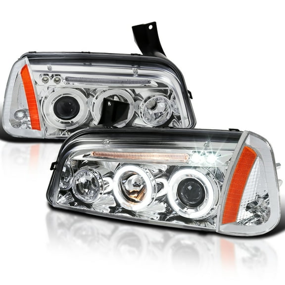 Spec-D Tuning Chrome Halo LED Projector Headlights   Chrome Corner Lights Compatible with 2006-2010 Dodge Charger, Left   Right Pair Headlamps Assembly