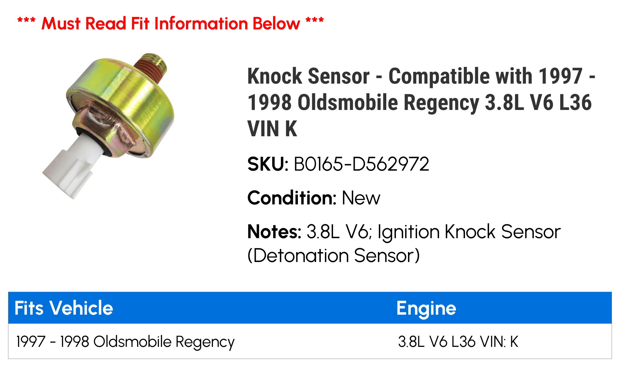 Knock Sensor - Compatible with 1997 - 1998 Oldsmobile Regency 3.8L V6 L36 VIN K