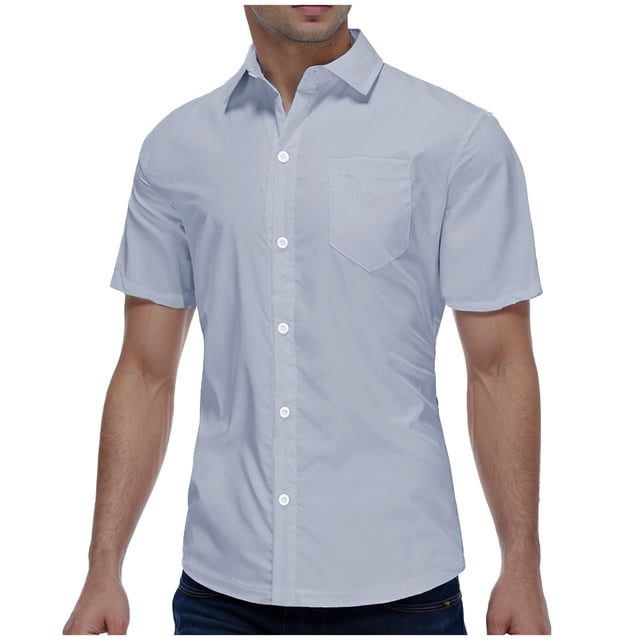 Men's Button Sleeve Lapel Short Sleeve Shirt - Polyester, Business Casual, Solid Color, Comfort Fit