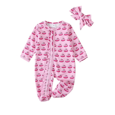 

Baby Girl Halloween Bodysuits Skull/Candy Print Ruffled Zip Up Footie Long Sleeve Fall Romper Headband Outfits