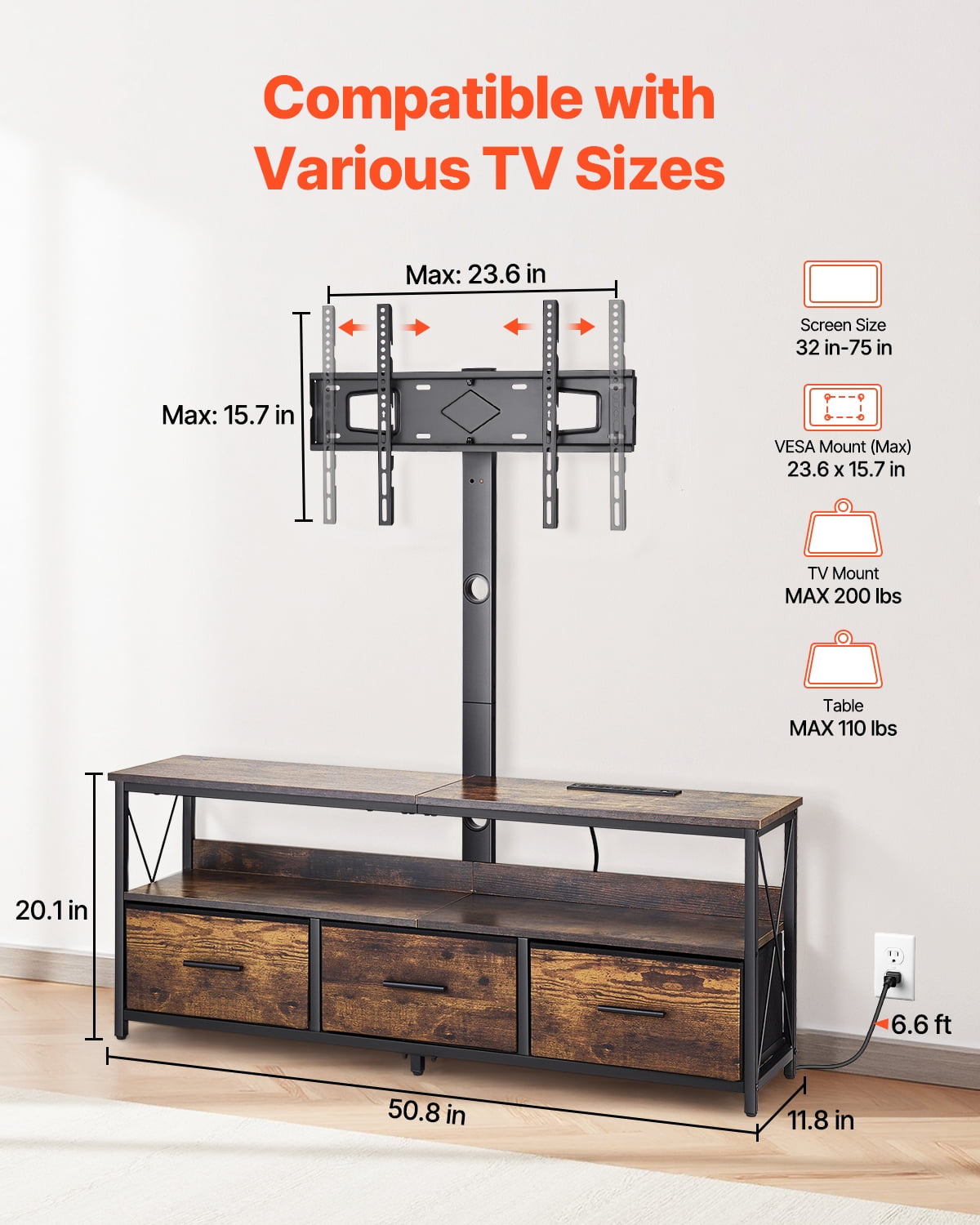 KFFKFF 52" Television Stand Suits 32-75", TV Console with Power Outlet and LED Lighting, Swivel & Height Adjustable TV Mount, Ideal for Bedroom