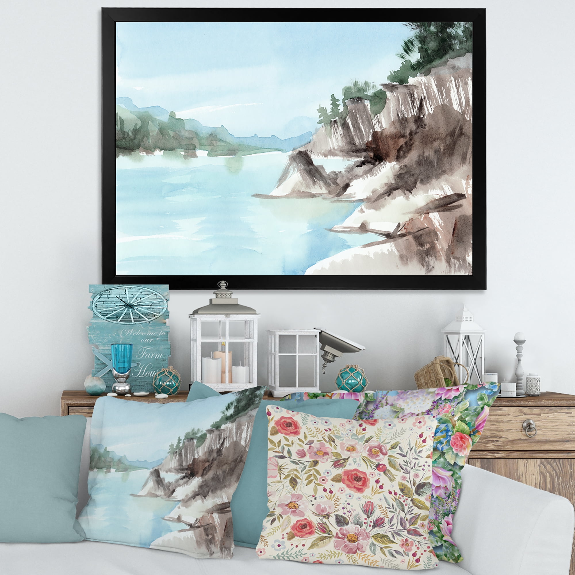 Designart 'Rocks With The Blue Lake' Lake House Framed Art Print