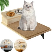 Uyoyous Wall Mounted Cat Feeding Shelf, Wood Cat Climbing Feeder Shelf with 2 Elevated Cat Bowls, Indoor Cat Perch Bed with Mat for Playing, Sleeping, Brown