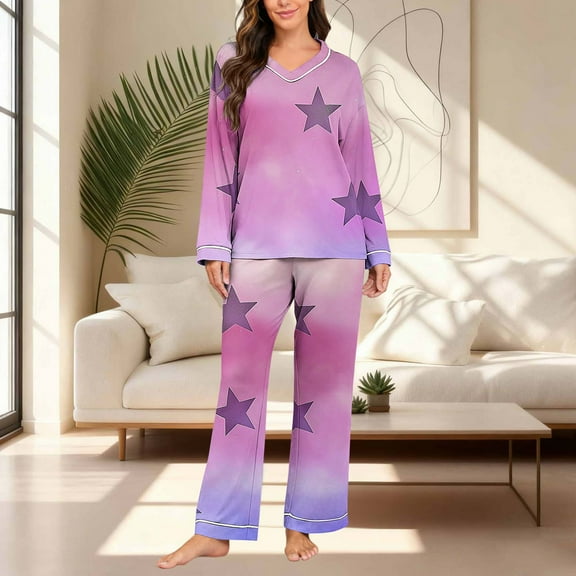 YanHoo Womens Pajama Sets Stars Printed V Neck Long Sleeve Pjs Lounge Set Soft Comfy Sleepwear Loungewear