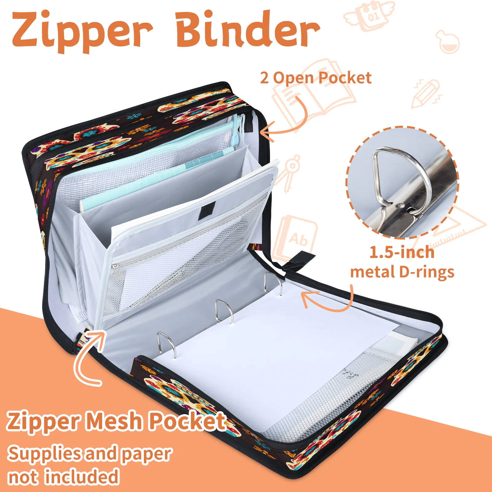 Herdesigns Sugar Skull Day Of The Dead Halloween Zipper Binder with Shoulder Strap, Waterproof 1.5 Inch 3 D-Ring Binder Organizer Bag, Fits 13 Inch Laptop for Work, Skull