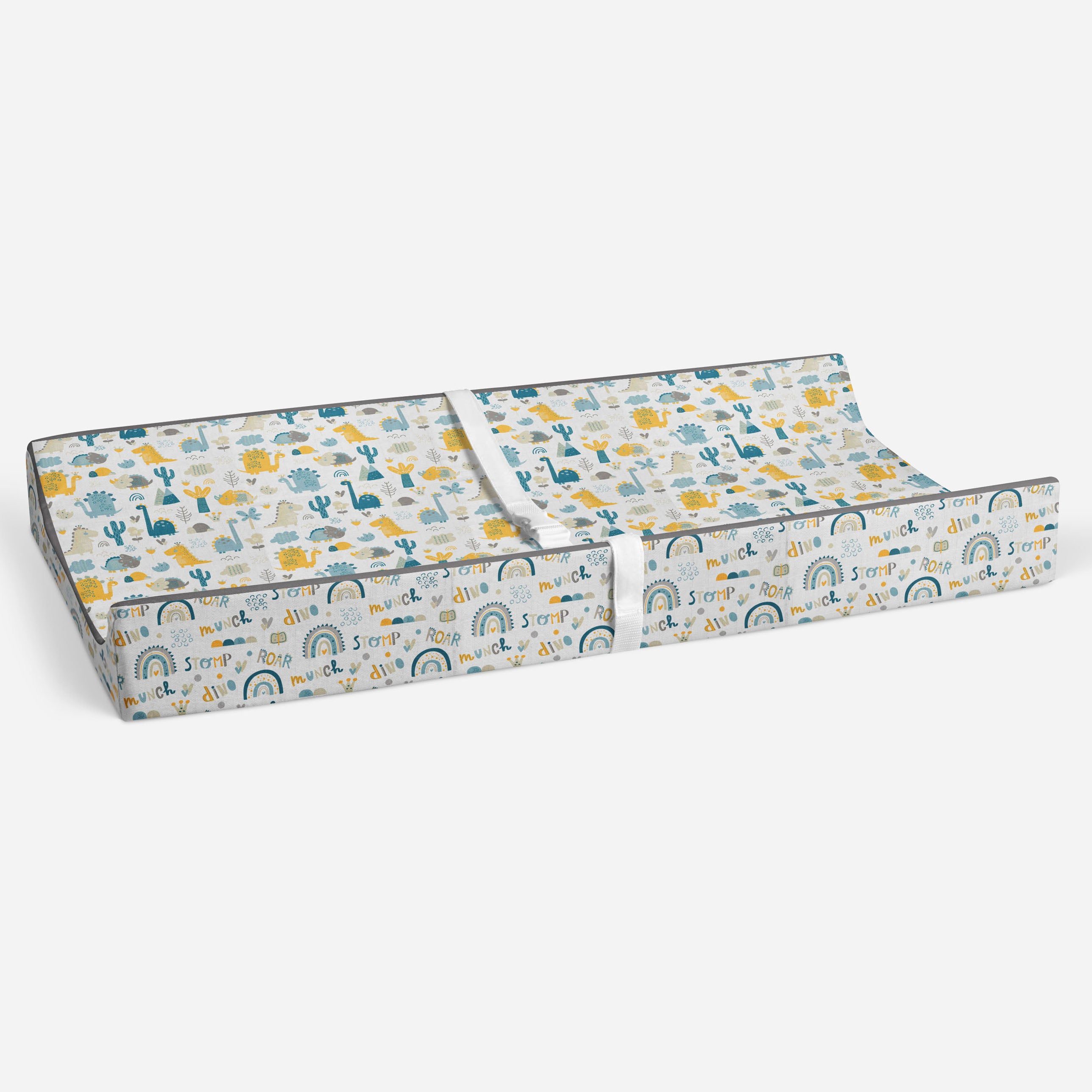 Bacati - Muslin Quilted Changing Pad Cover, Little Dino Boys Aqua/Teal/Yellow/Gray