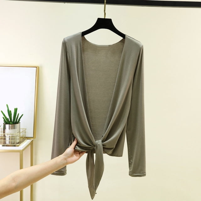 Uootdi Tie Front Cardigans Women Solid Color Long Sleeve Open Front Casual Loose Lightweight Soft Comfy Cover Ups Gift