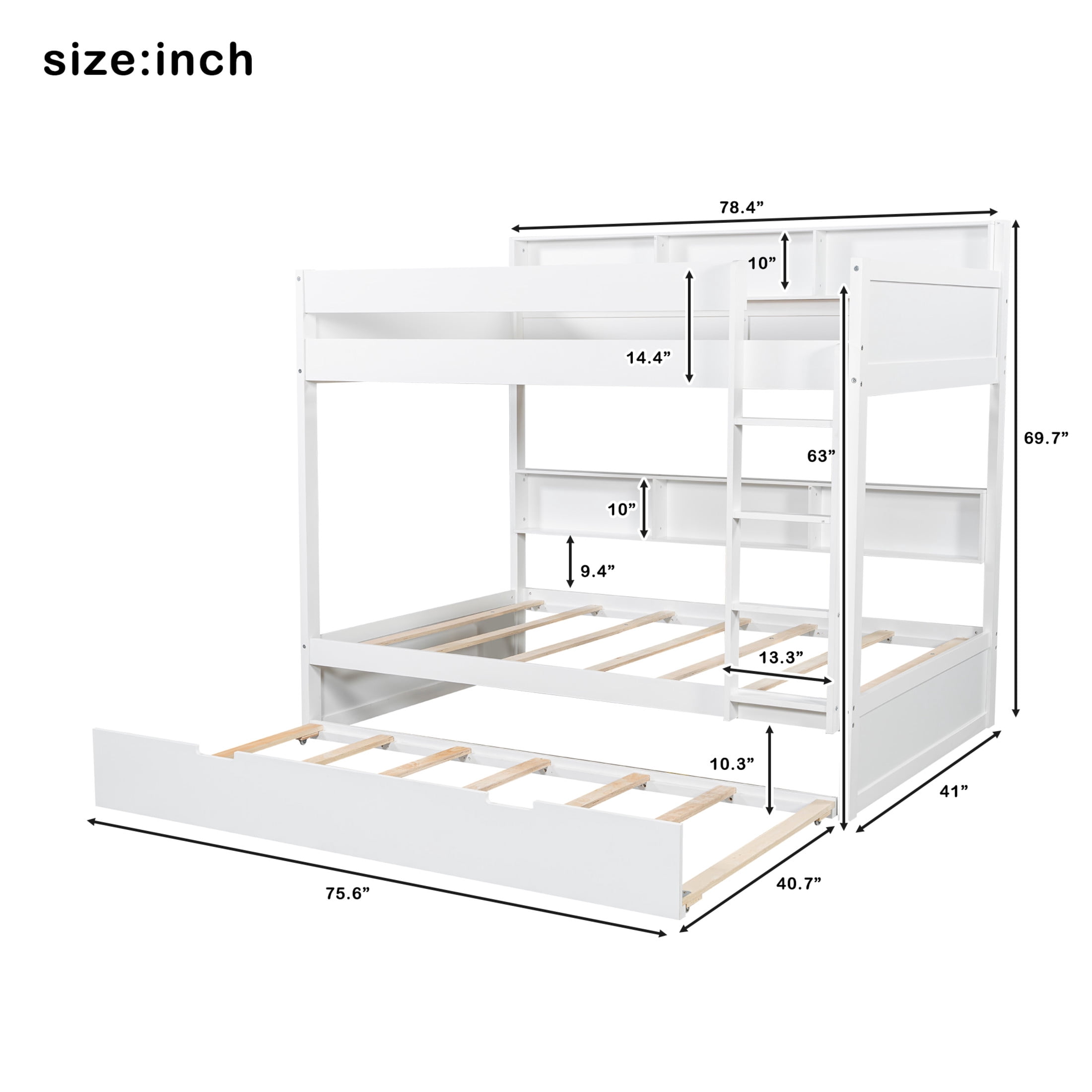 Noble House Erika Twin over Twin Bunk Bed with Pull-out Trundle and Integrated Storage Shelves, Antique White