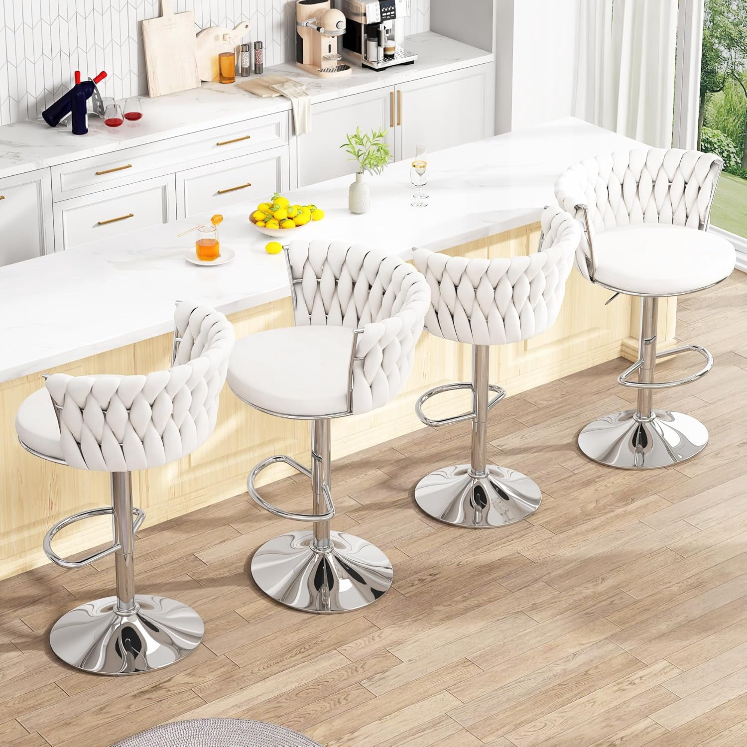 LinkRomat Velvet Bar Stools Set of 2,Swivel Counter Height Bar Stools with Backrest and Footrest,for Kitchen Island Dining Chairs,White