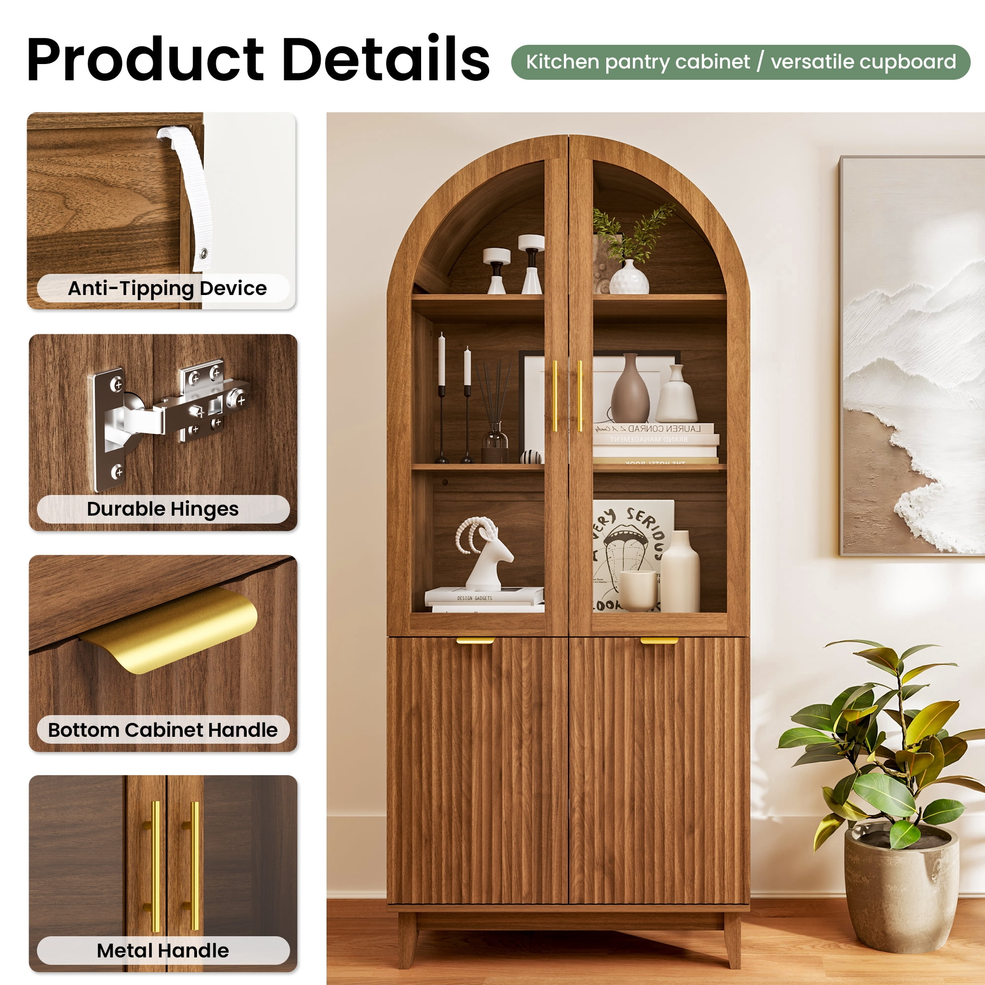 PamapicLife 71" Tall Walnut Arched Cabinet, Fluted Kitchen Pantry With Glass Doors, Adjustable Shelves