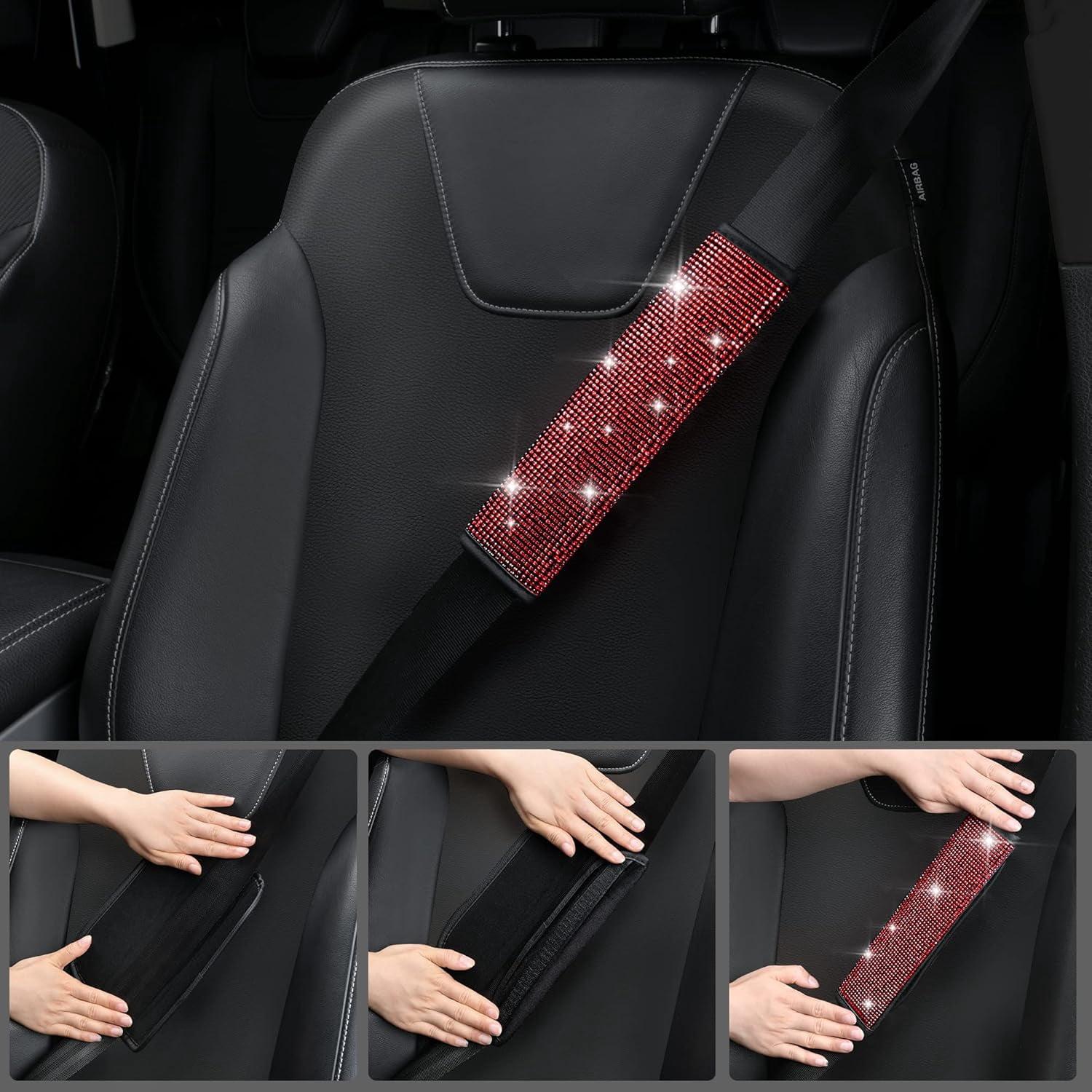 GUANGHUI 11 PCS Bling Car Accessories, Sparkly Rhinestone Diamond Steering Wheel Cover, Bling Seat Belt Cushion, Glitter Shift Knob Cover, Car Cup Holder Coaster, Cute Interior Sets Red
