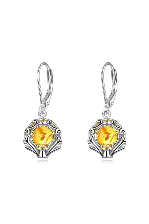 Amber Gemstone Leverback Earrings Sterling Silver Dangle Drop Filigree Earrings for Women