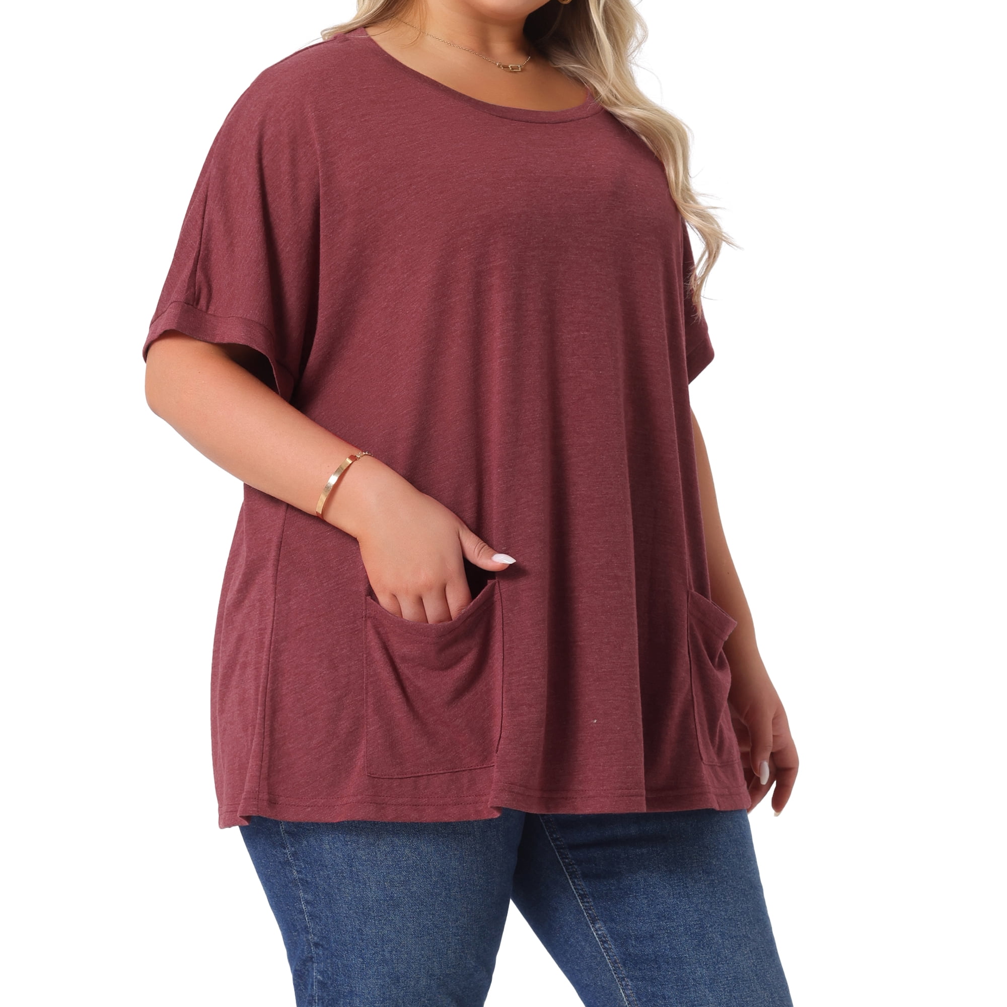 DARING DIVA Women's Plus Crew Neck Loose Fit T Shirt with Pocket Casual 3X Burgundy
