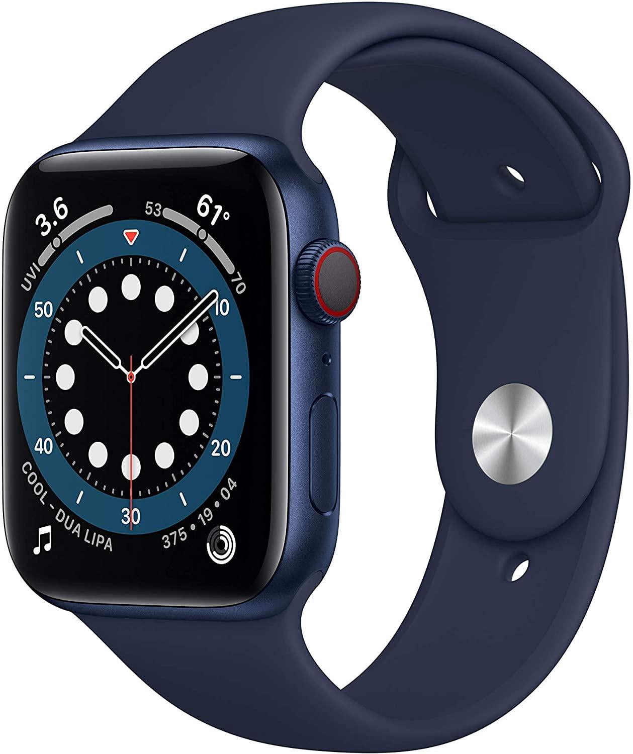 Restored Apple Watch Series 6 (GPS + Cellular, 40 mm) Blue Aluminum Case with Deep Navy Sport Band Bundle 5 Bonus Bands, Charging Stand, Screen Protector, & 2 amp charger (Refurbished)