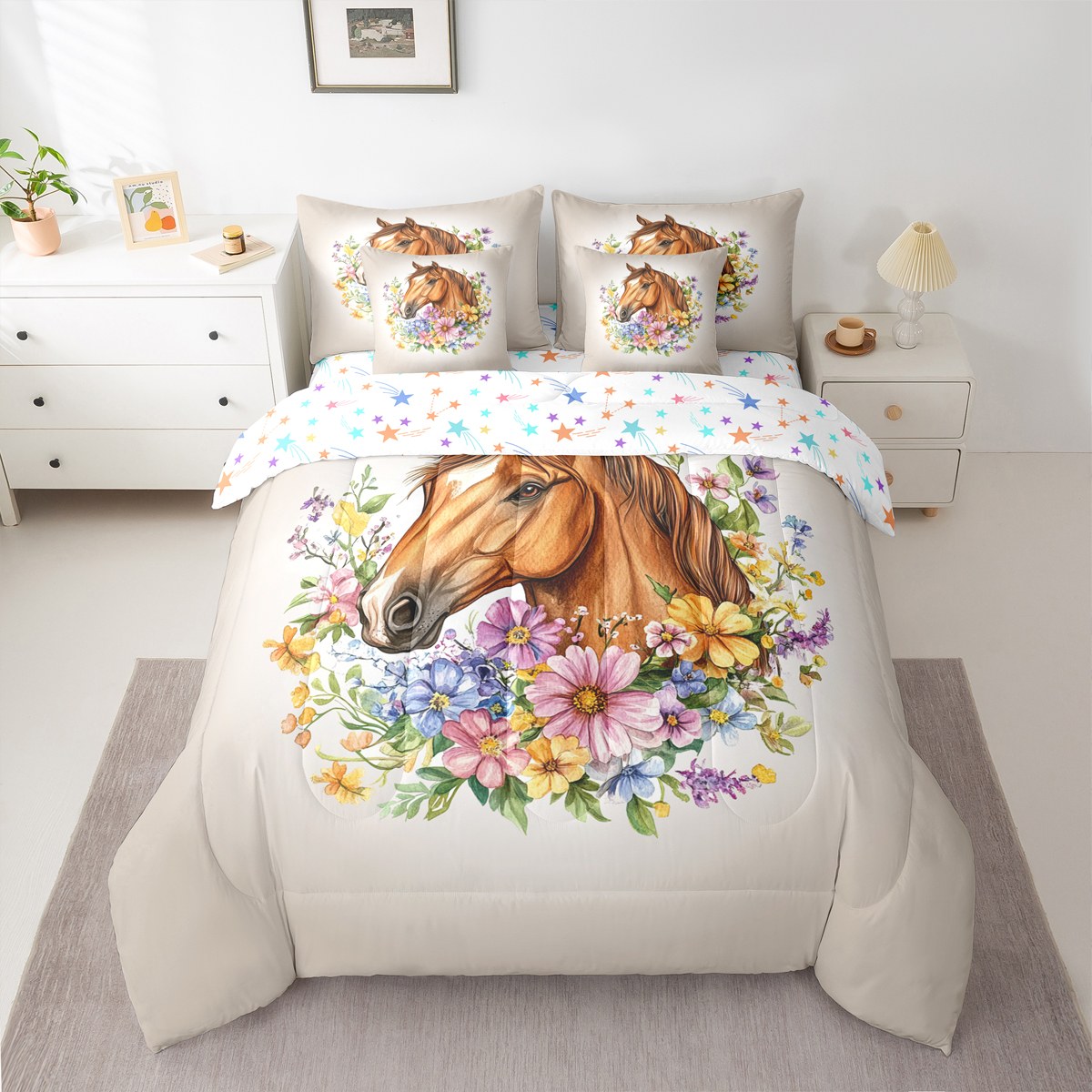 jejeloiu Farm Animal Horse Twin Bedding Sets 7-Piece,Colorful Rustic Flower Bedding Comforter Set,Western Farmhouse Sheet Sets For Teens,Luxury Bedroom Decor Reversible