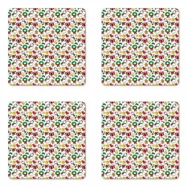 Christmas Coaster Set of 4, Celebration of Xmas Garland Candy Cane Snowman Mistletoe Tree Ornaments, Square Hardboard Gloss Coasters, Standard Size, Multicolor, by Ambesonne