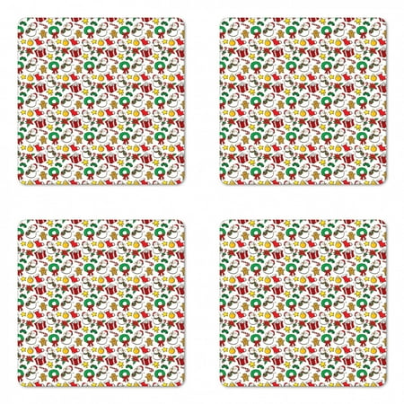 

Christmas Coaster Set of 4 Celebration of Xmas Garland Candy Cane Snowman Mistletoe Tree Ornaments Square Hardboard Gloss Coasters Standard Size Multicolor by Ambesonne