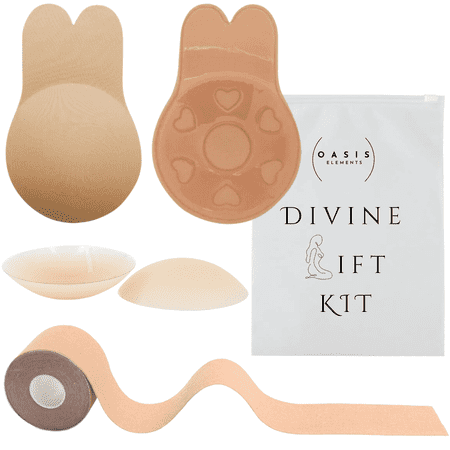 Divine Lift Kit-REUSABLE Sticky Bunny Bra with Boobtape and REUSABLE Nipple Covers Breasts Coverage DD/E Cup in Nude Adhesive Breast Lift Set Push Up for Backless  Strapless Clothes-with Portable Bag