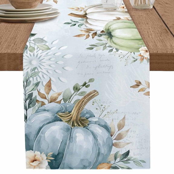 nqOlkjepod Green Blue Pumpkin Fall Table Runner 48 Inches Long Farmhouse Dress Scarves, Thanksgiving Eucalyptus Leaves Floral Dining Tablerunner for Coffee Table/Kitchen Island/Party Décor, 13"x48"