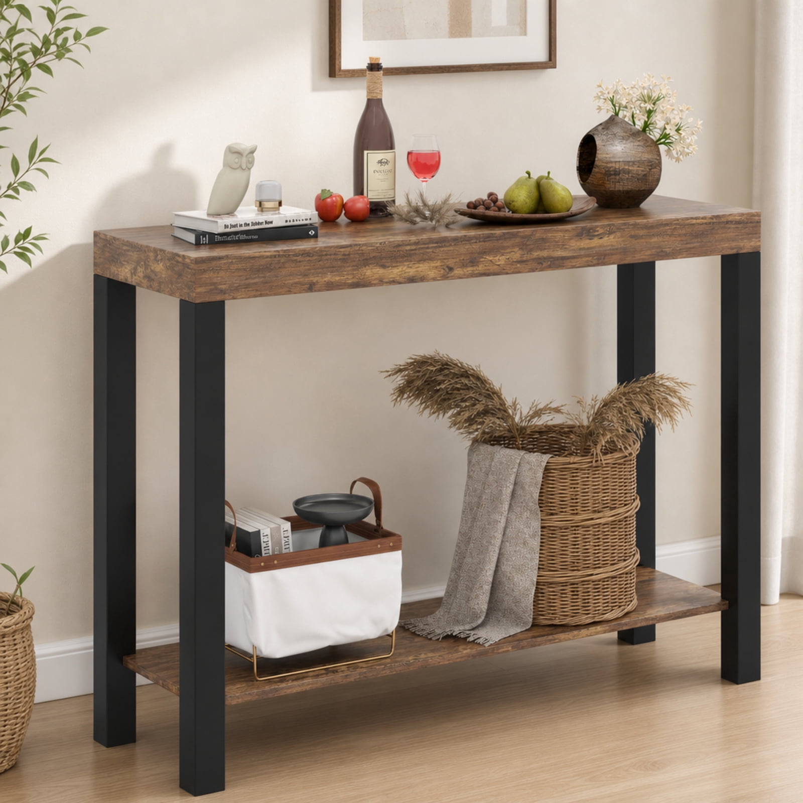 Furnibear 2-Tier Home Bar Table with Open Shelves and Storage for Home Kitchen Living Room Pub for Kitchen Dining Bar Bistro Pub Home, Rustic Brown