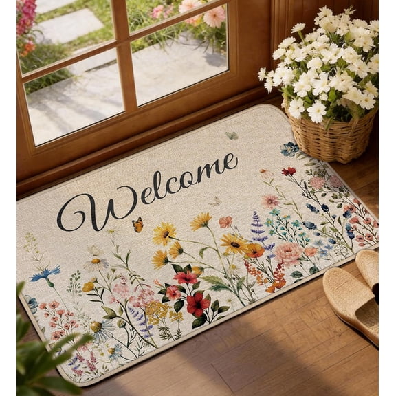 ANHXN Spring Door Mat - Home Décor Seasonal Yellow Linen Welcome Doormat Cute Front Door Mat for Entryway Decor Rubber Backing Non Slip Washable Indoor Outdoor