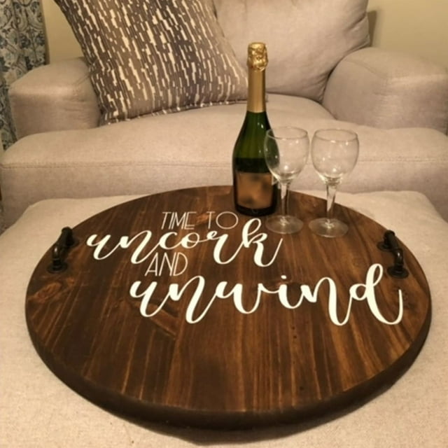 HomeNest Circle Serving Tray Letter Printing Tray With Handles Decorative Wooden Tray