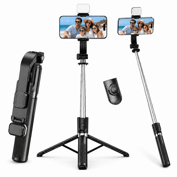 Phone Tripod Stand, 47" Extendable Tripod for iPhone with Light & Remote, Portable Travel Selfie Stick for Live Streaming & Vlog
