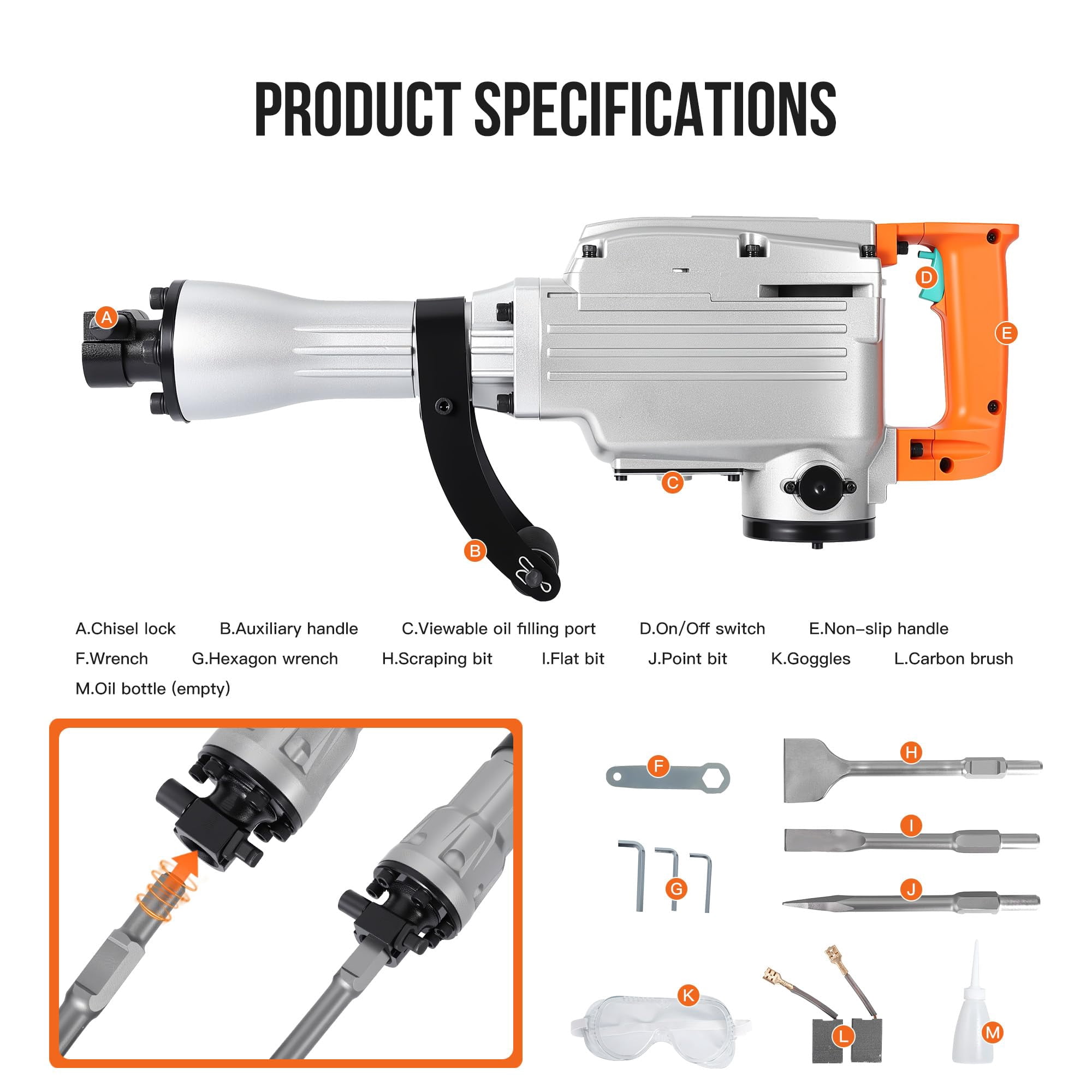 Electric Demolition Jackhammer 1500W Concrete Breaker 1800BPM 50J, Heavy Duty Demolition Hammer with Adjustable Anti-Vibration Handle, Safety Clutch, Carrying Case & 3 Chisels