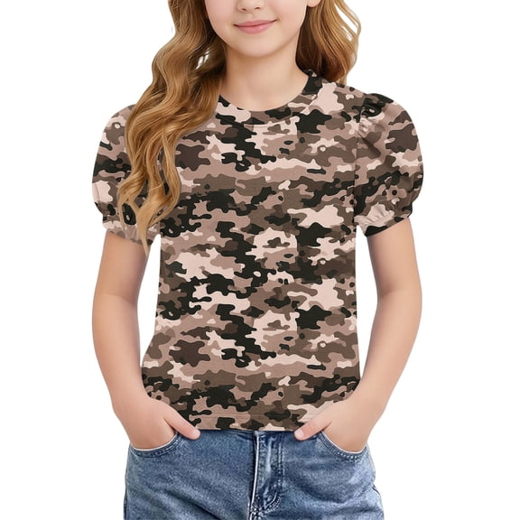 ATOGUTA Summer Shirts For Girls Graphic Tees Short Sleeve Tshirts Crewneck Cute Summer Casual Basic Tops for Kids Teen Size 4T-15, Camouflage