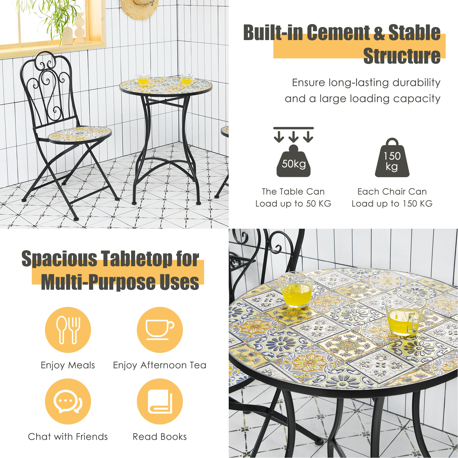 Patiojoy 3PCS Patio Mosaic Design Folding Chairs Side Table Set Bistro Set Classic Furniture Chair Set for Garden - image 4 of 8