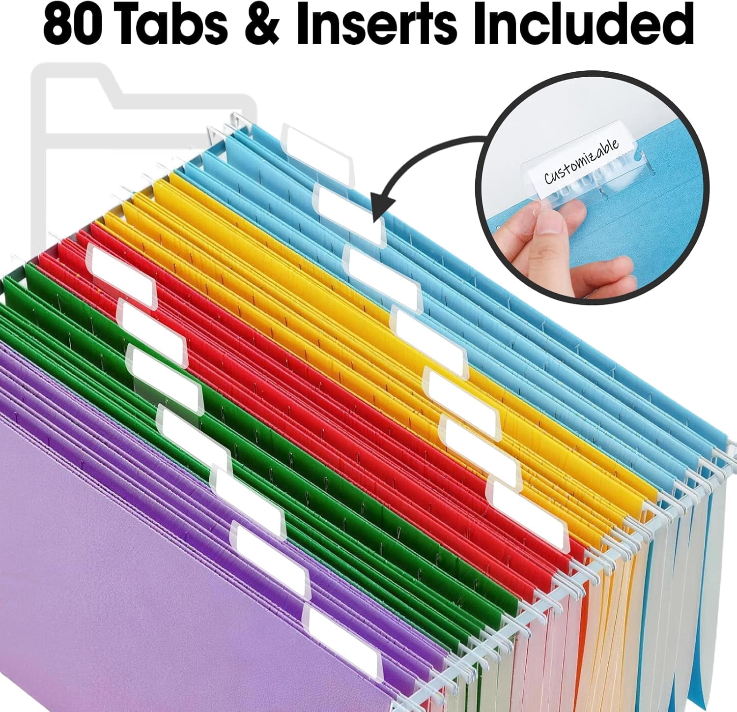 80 Pack Hanging File Folders, Colored Hanging File Folders Letter Size with 1/5 Cut Adjustable Tabs, File Cabinet Folders for Office, School, Home
