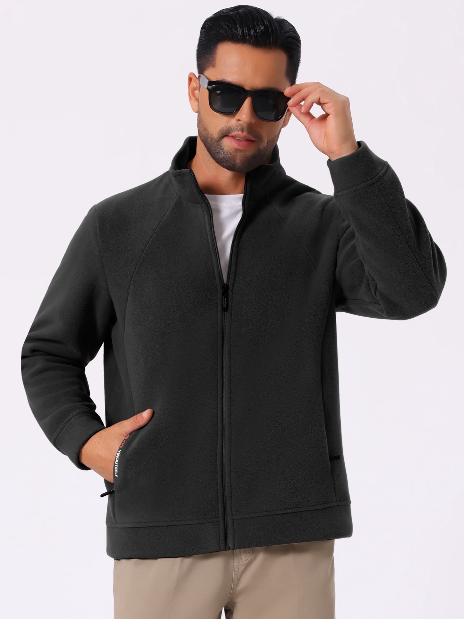 DARING DIVA Men's Winter Solid Stand Collar Zipper Soft Fleece Jacket M Black