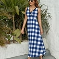 thumbnail image 6 of Modern Navy Blue White Buffalo Check Geometric Plaid Womens Night Club Maxi Dress V Neck Sleeveless Bohemia Long Dresses, 6 of 9