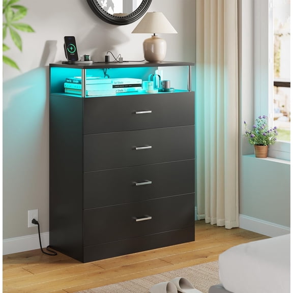 AOGLLATI Dresser for Bedroom with Column Design, 4 Drawer Dresser with Charging Station, Modern Bedroom Led Tall Black Dresser for Bedroom Closet