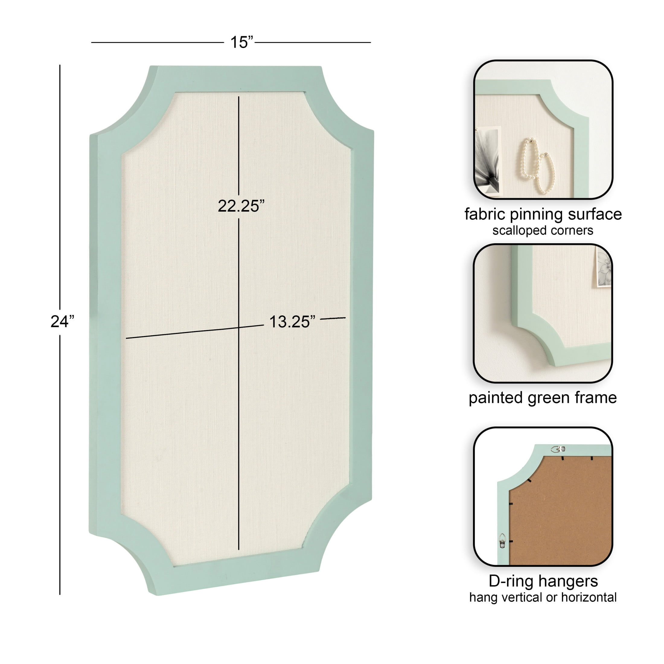 Kate and Laurel Holbrook Modern Framed Scallop Fabric Pinboard, 15 x 24, Green, Transitional Scalloped Bulletin Board for Use as Vision Board or Wall Organization