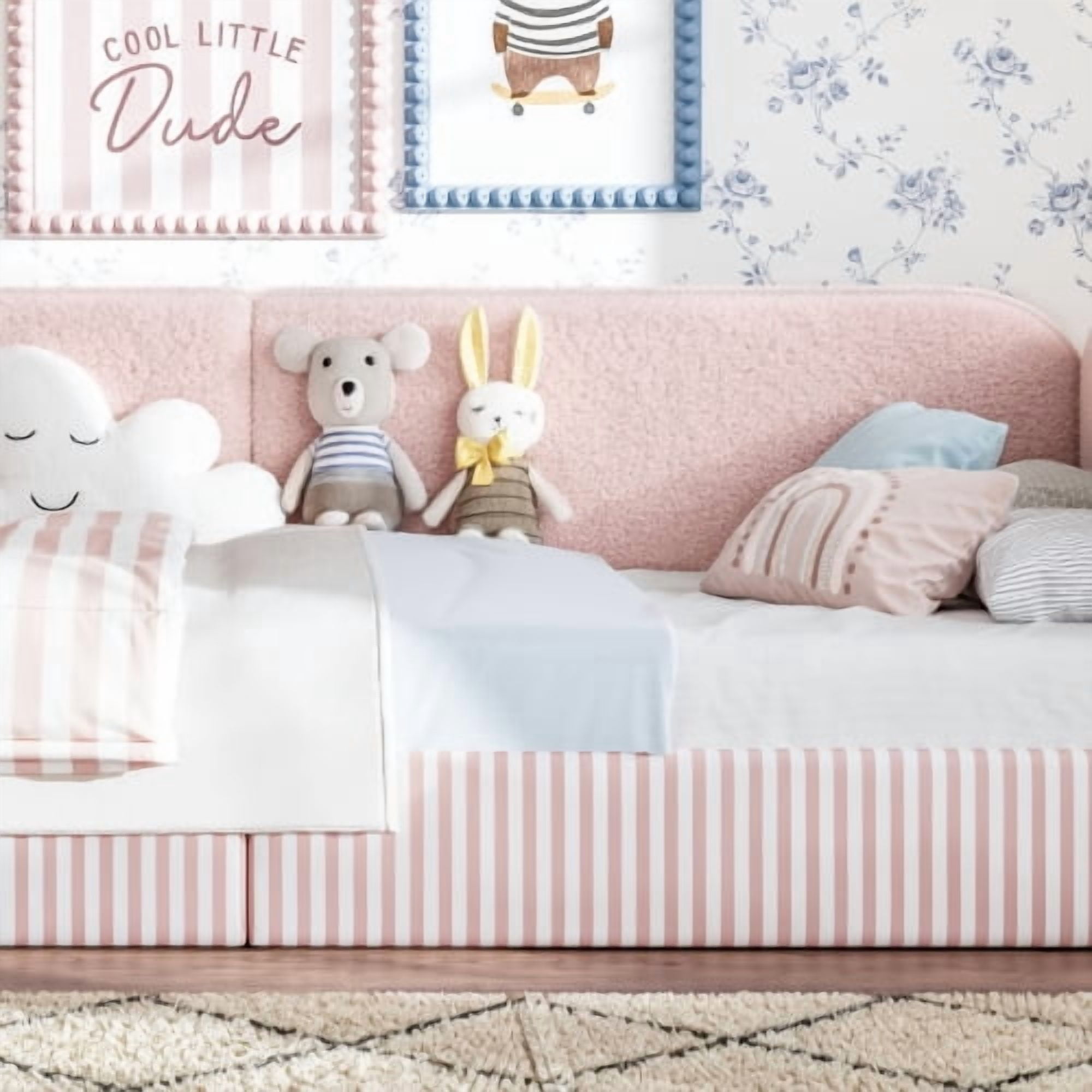 Twin Size Upholstered Teddy Fleece Floor Bed Frame, Half-Enclosed Montessori Low Profile Platform Bed with Full-Perimeter Guardrails for Kids, Pink