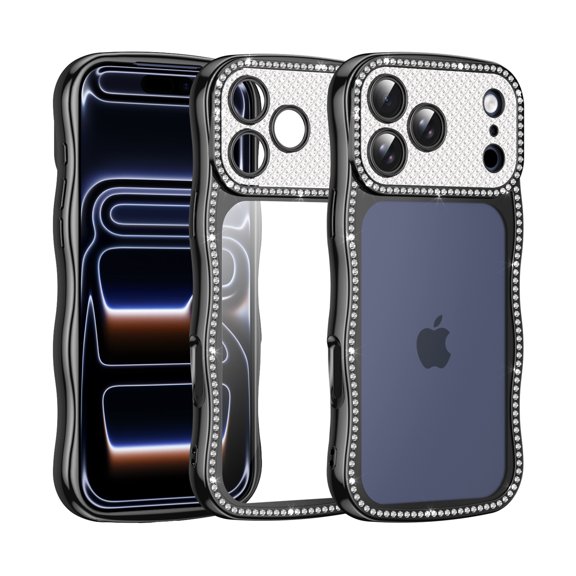 Translucent Case for iPhone 17 Pro, Diamond Wave Bumper Frame and Camera Frame, Luxury TPU PC Shock-absorbing Anti-drop Women Girls Wireless Charging Elegant Phone Cover, Black