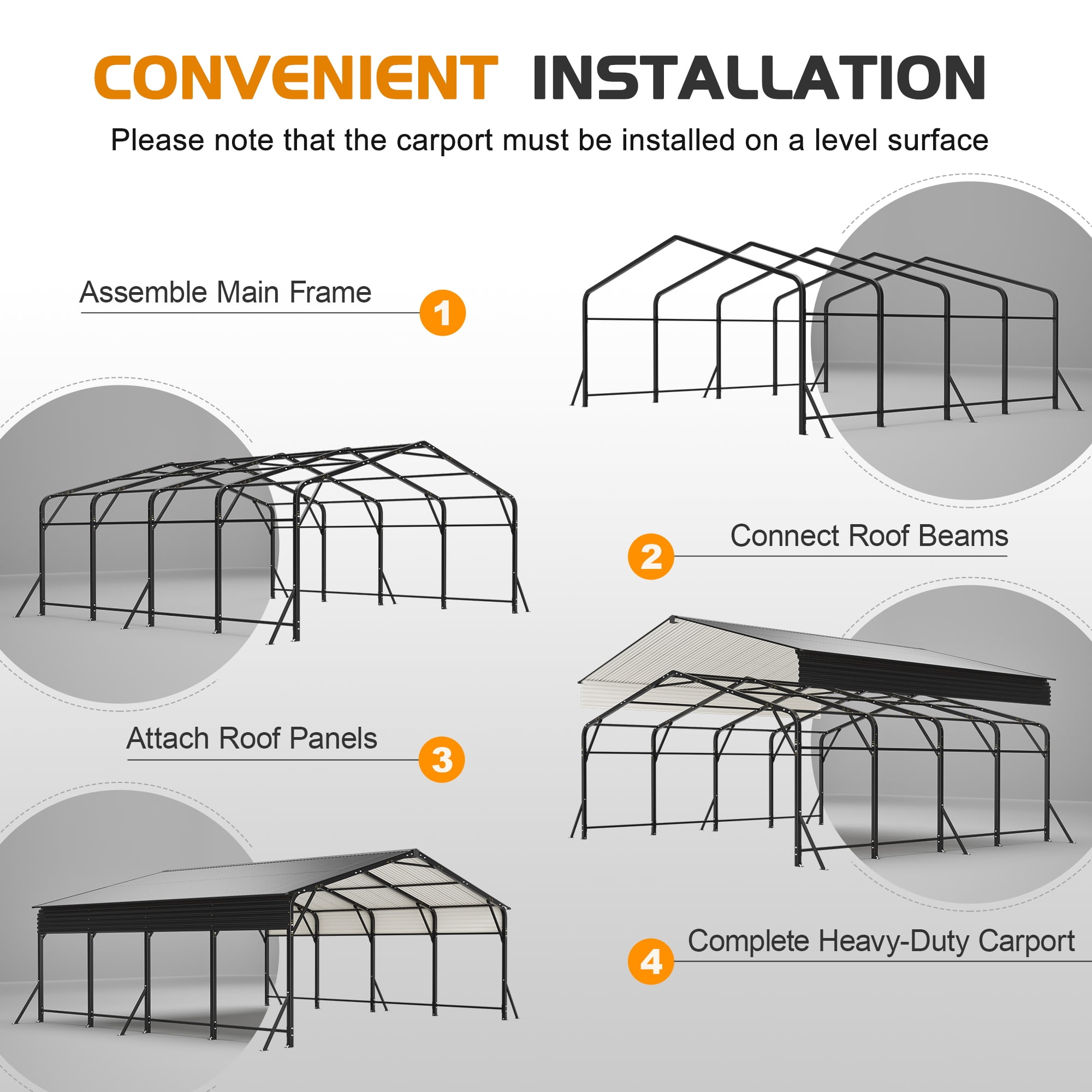 Taoruifang 20x20 ft Galvanized Steel Carport Canopy, Heavy Duty UV-Proof Waterproof Roof, Black