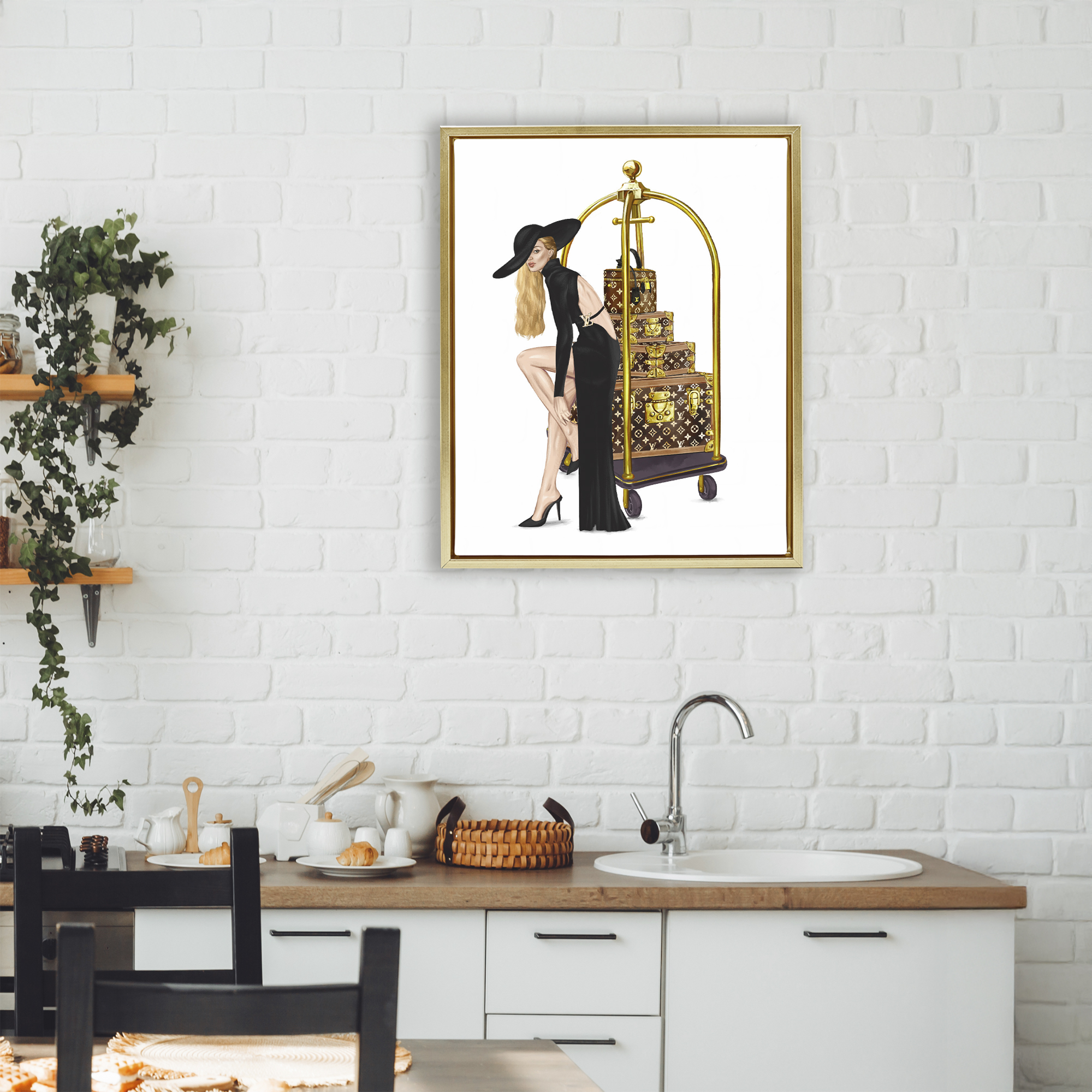 Fashionista with Hotel Luggage Gold Framed Floater Canvas Wall Art, design by Ziwei Li