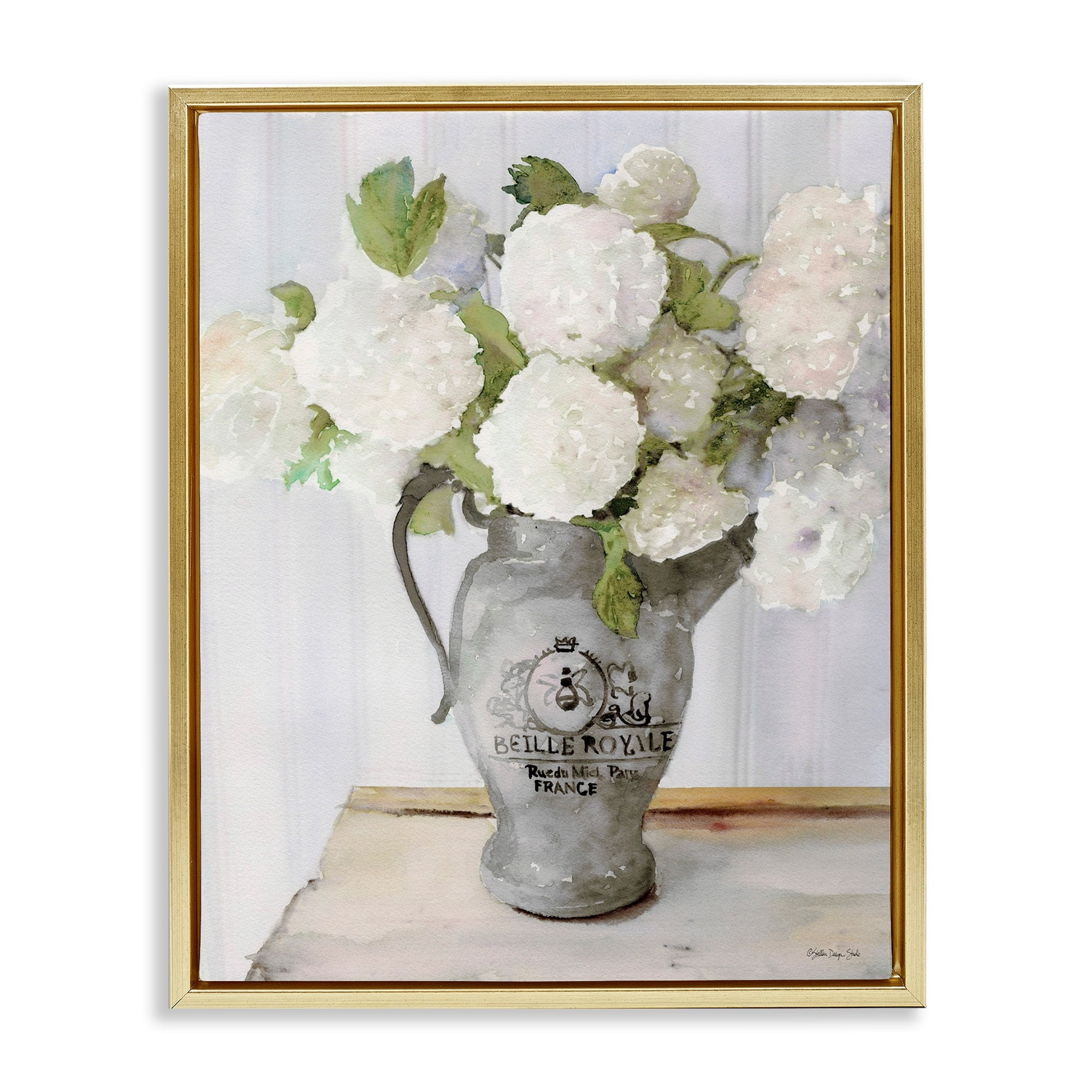 Stupell Industries White Hydrangea in French Country Pitcher Still Life Metallic Gold Framed Floating Canvas Wall Art, 16x20, by Stellar Design Studio
