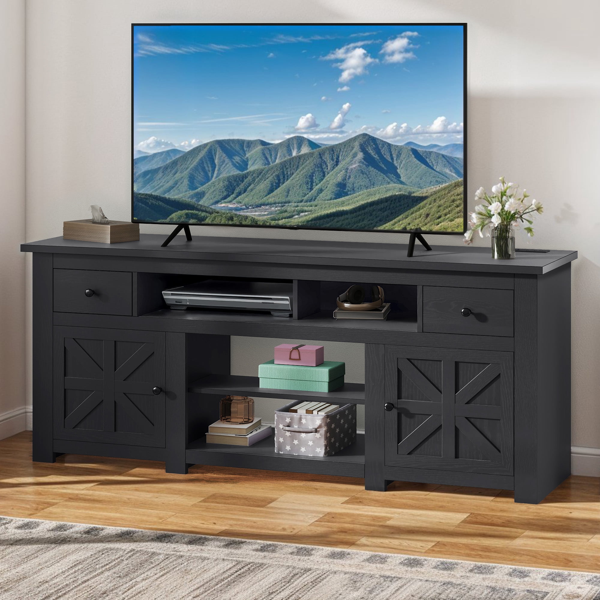 Uforic 70 Inch Modern Farmhouse TV Stand for 75/80 Inch TV with Built-in Power Outlets, 2 Cabinets & Open Compartments for Living Room, Black
