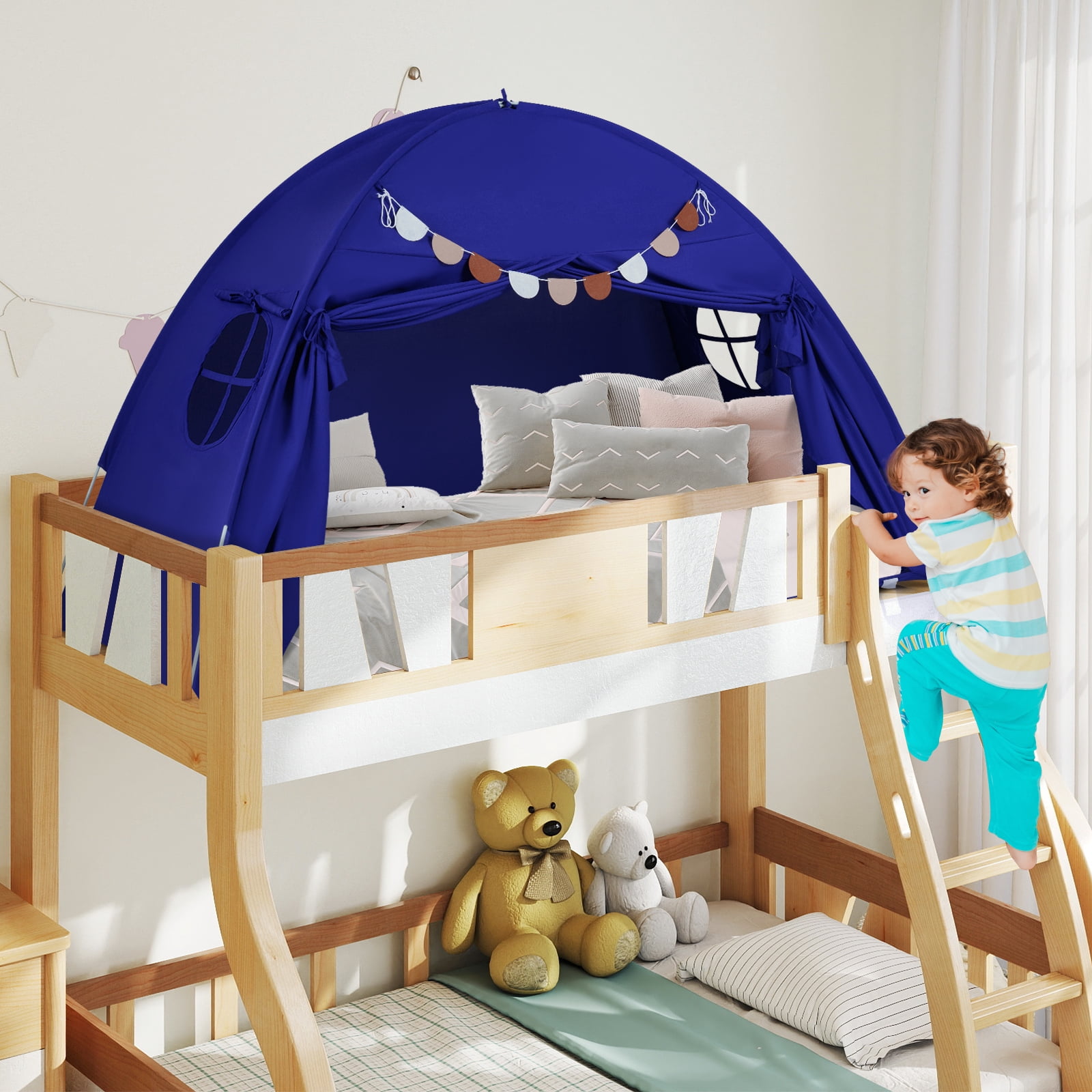 Gymax Twin Full Size Bed Tent w/2 Windows Flags for Boys & Girls Aged 3+ Years Old Navy