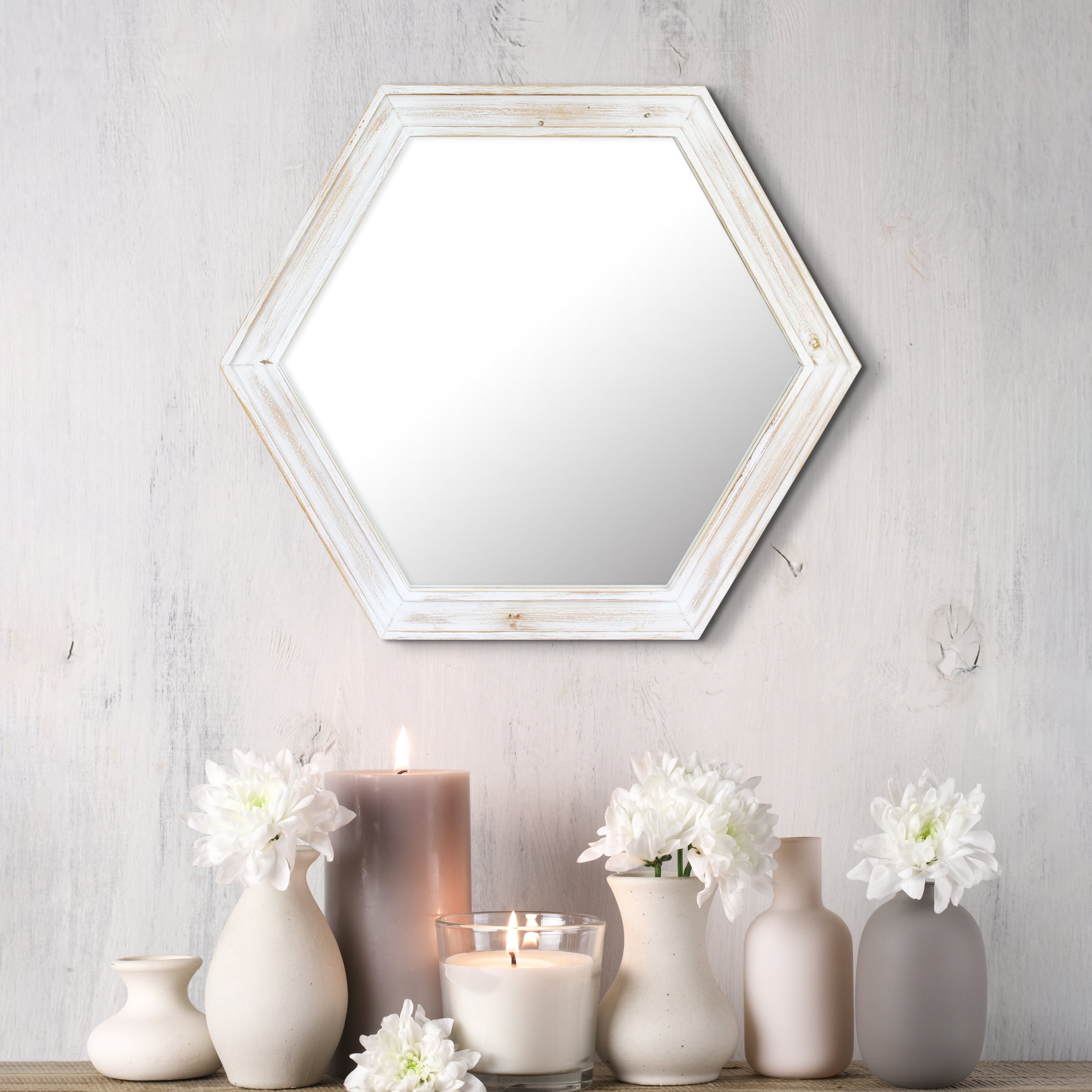 Stonebriar 23.8" x 20.6" Off-White Country Rustic Wood Hexagon Wall Mirror