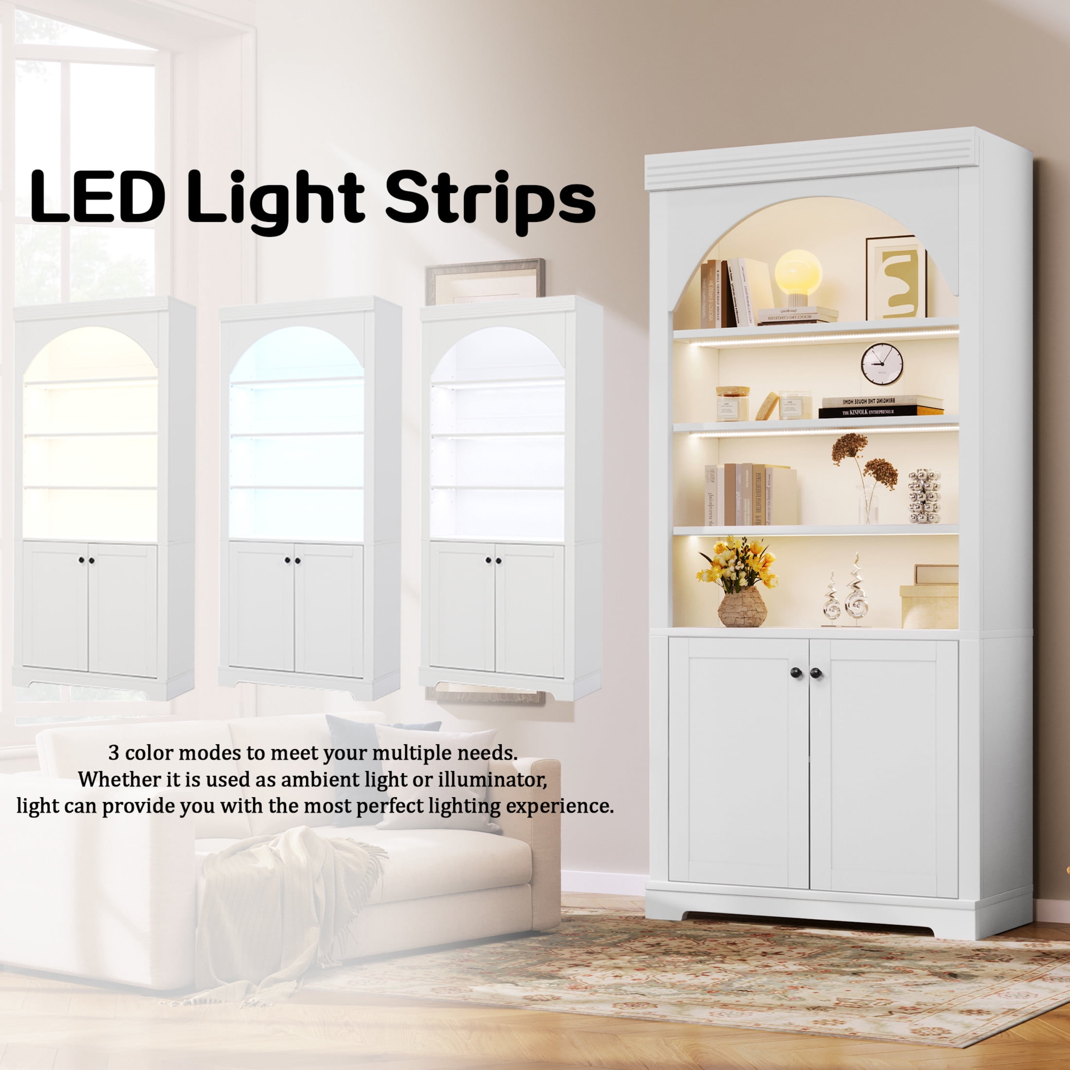 GDF Studio Arbor Arched Bookshelf with LED Lighting, Storage Cabinet & Adjustable Shelves for Home Office, White