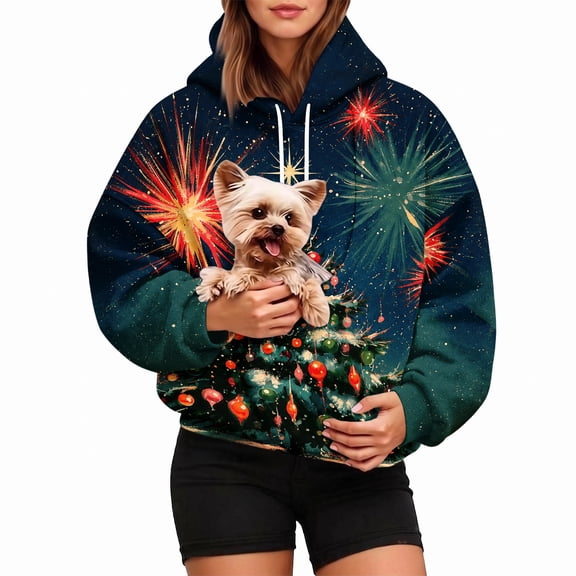 Pet Pouch Hoodie for Women, Christmas Tree Pullover Sweatshirt with Cuddle Pouch Dog Carrier Pocket