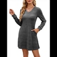 thumbnail image 2 of Vestido Tipo Suéter de Punto de Larga para Mujer, Estilo Túnica Informal con Cuello en V, Conjuntos de Moda para Otoño. Gris Oscuro L, 2 of 7