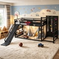 thumbnail image 2 of Bellemave Metal Bunk Bed with Slide, Twin Over Twin Bunk Bed with Basketball Hoop, Pull-up Rings and Climbing Wall, Twin Size Loft Frame with Bookcase & Under-Bed Space, Black, 2 of 9