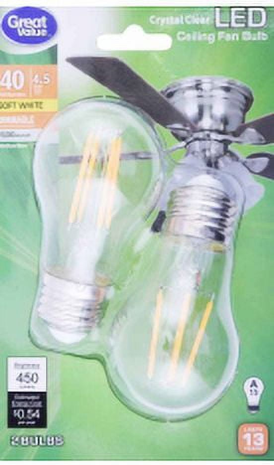 Great Value LED Ceiling Fan Bulb, 4.5-Watt (40W Eqv.) A15 Shape E26 Base Soft White, 2 Pack