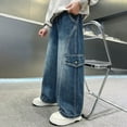 thumbnail image 6 of Teen Casual Straight Wide Leg Cargo Jeans Relaxed Fit Jogger Jeans For Big Kids,A-Dark Blue 140, 6 of 7