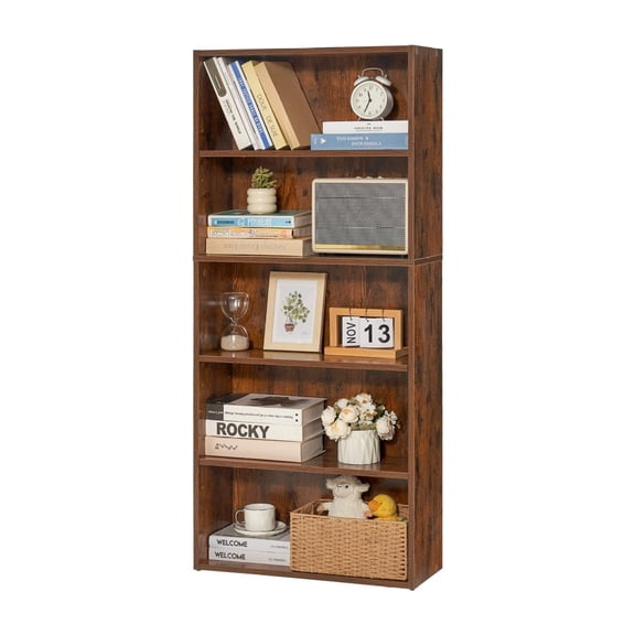 5 Tier Bookshelf, 53” Wooden Bookcase Adjustable Shelves, Tall Narrow Open Display Shelf for Living Room, Bedroom, Office - Brown